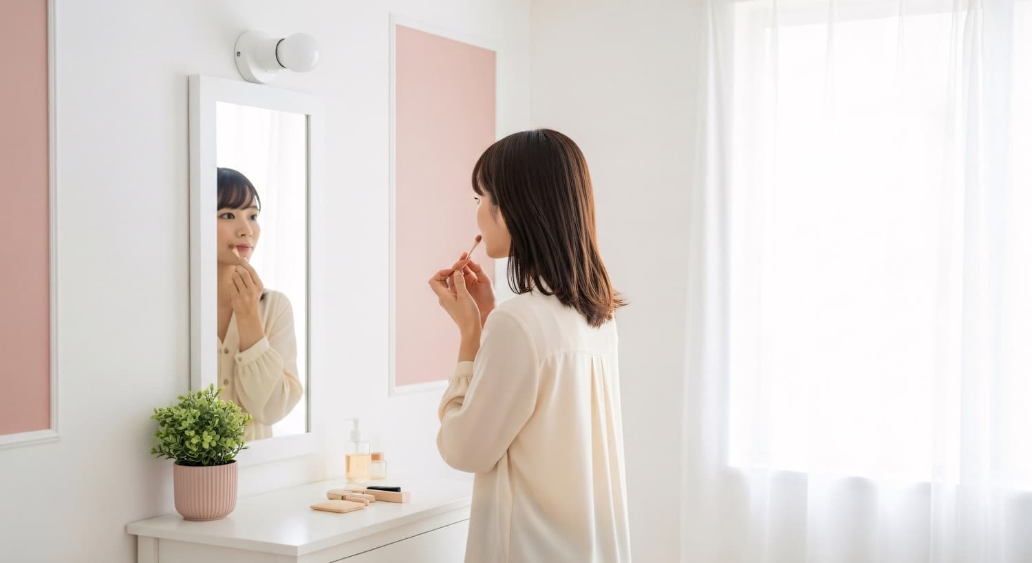 A makeup artist blending base onto a client seated in bright natural window light