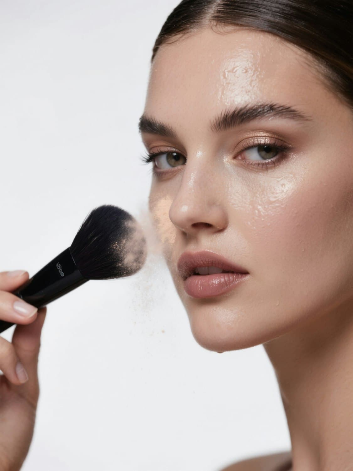 Foundation being blended with a brush, leaving a dewy finish on the skin