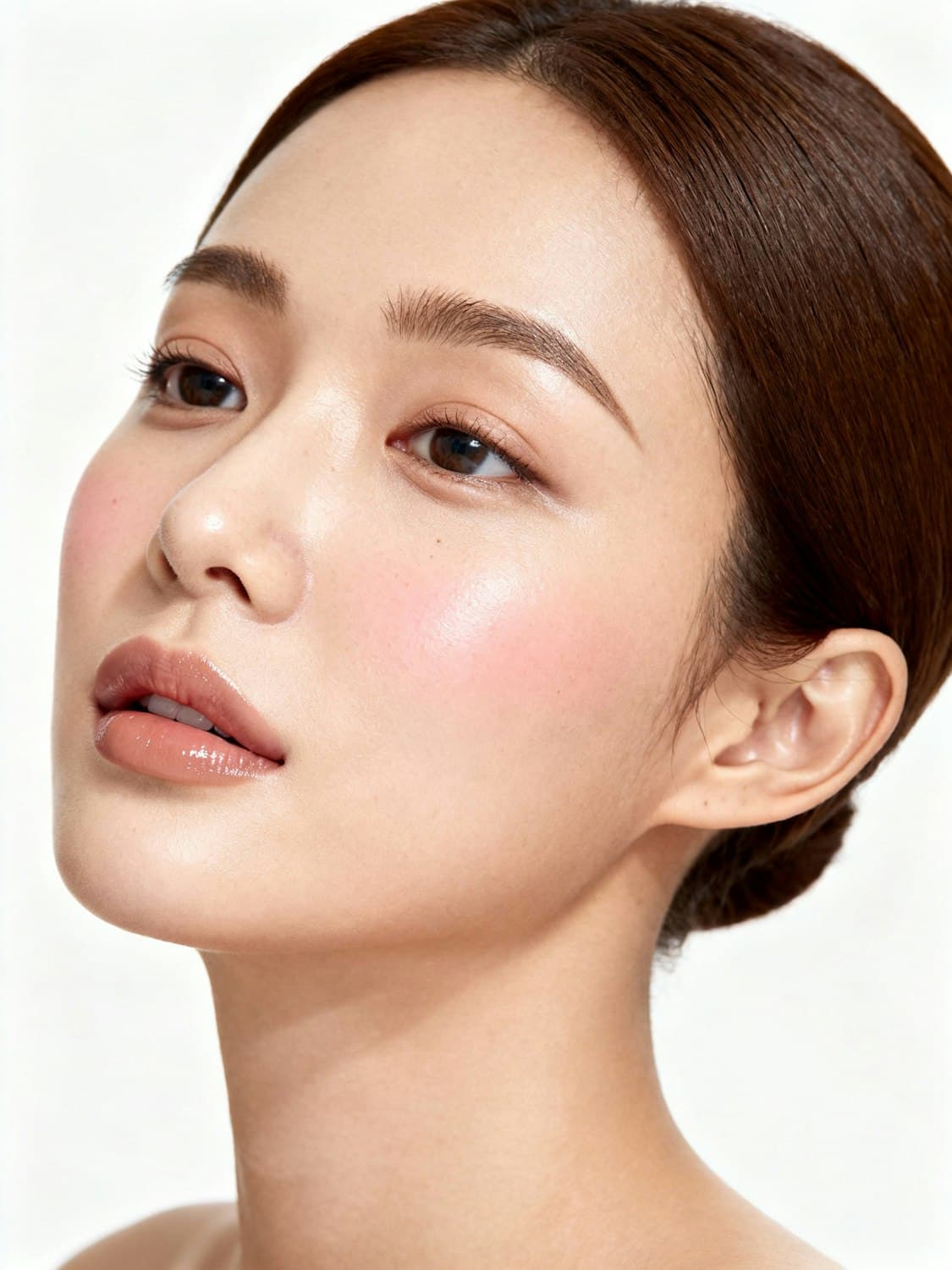 Close-up of finished bridal makeup with radiant skin and a smooth pulled-back hairstyle