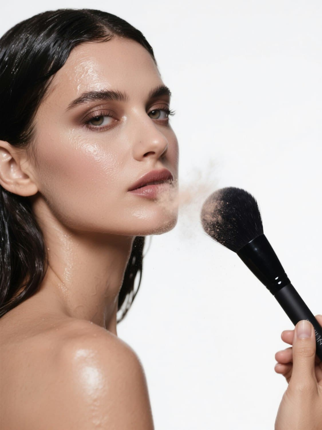 A makeup brush blending cream product across the cheek for a dewy daytime finish