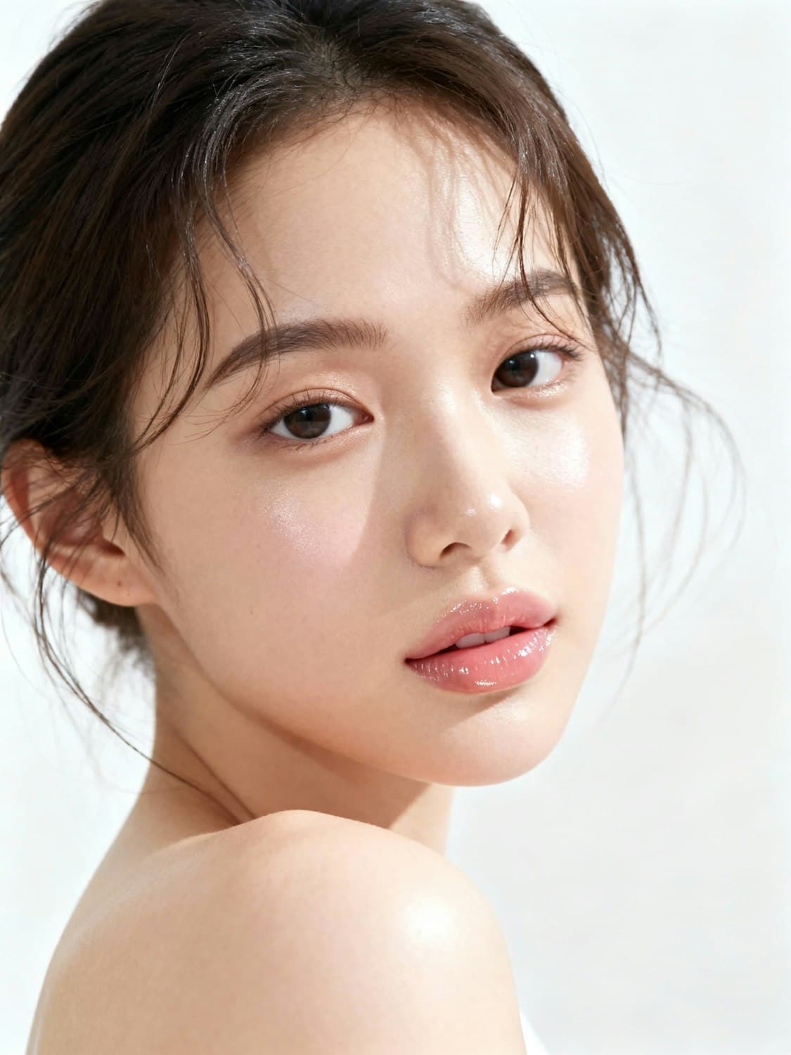 Soft glam finish with glowing skin, a neutral eye and a glossy nude lip