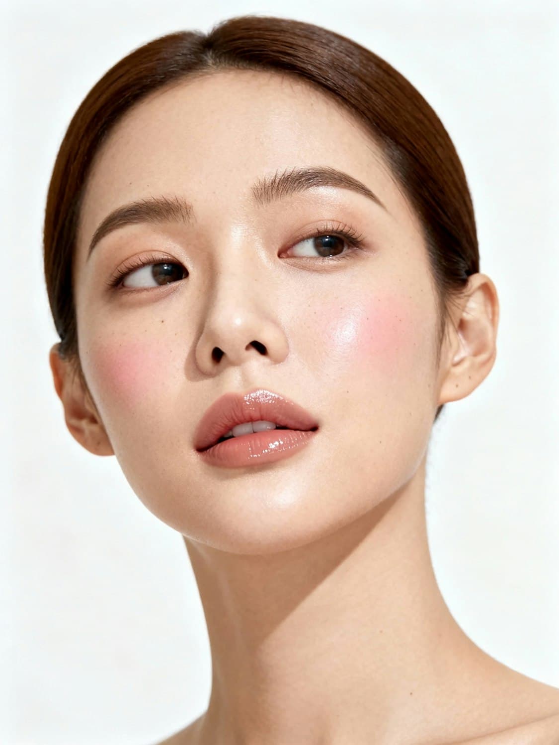Natural makeup with luminous skin and a soft glossy lip under warm light