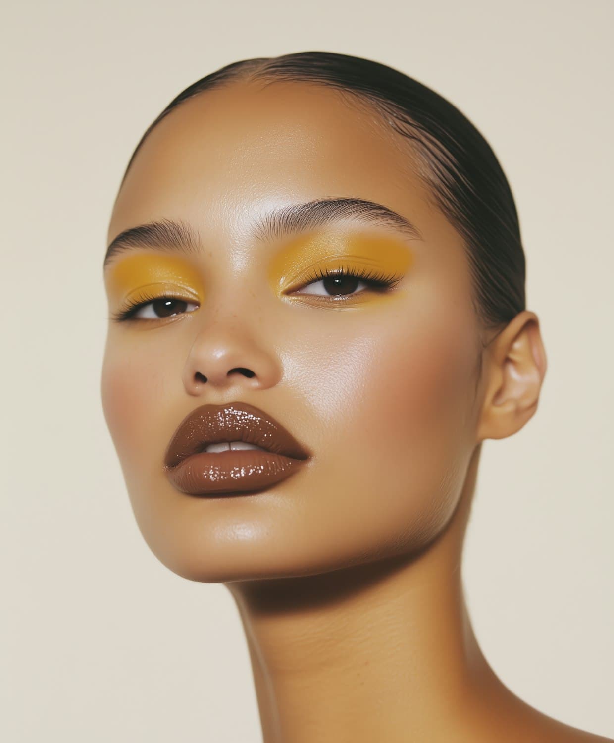 Bold evening look with warm yellow shadow blended out and a glossy brown lip