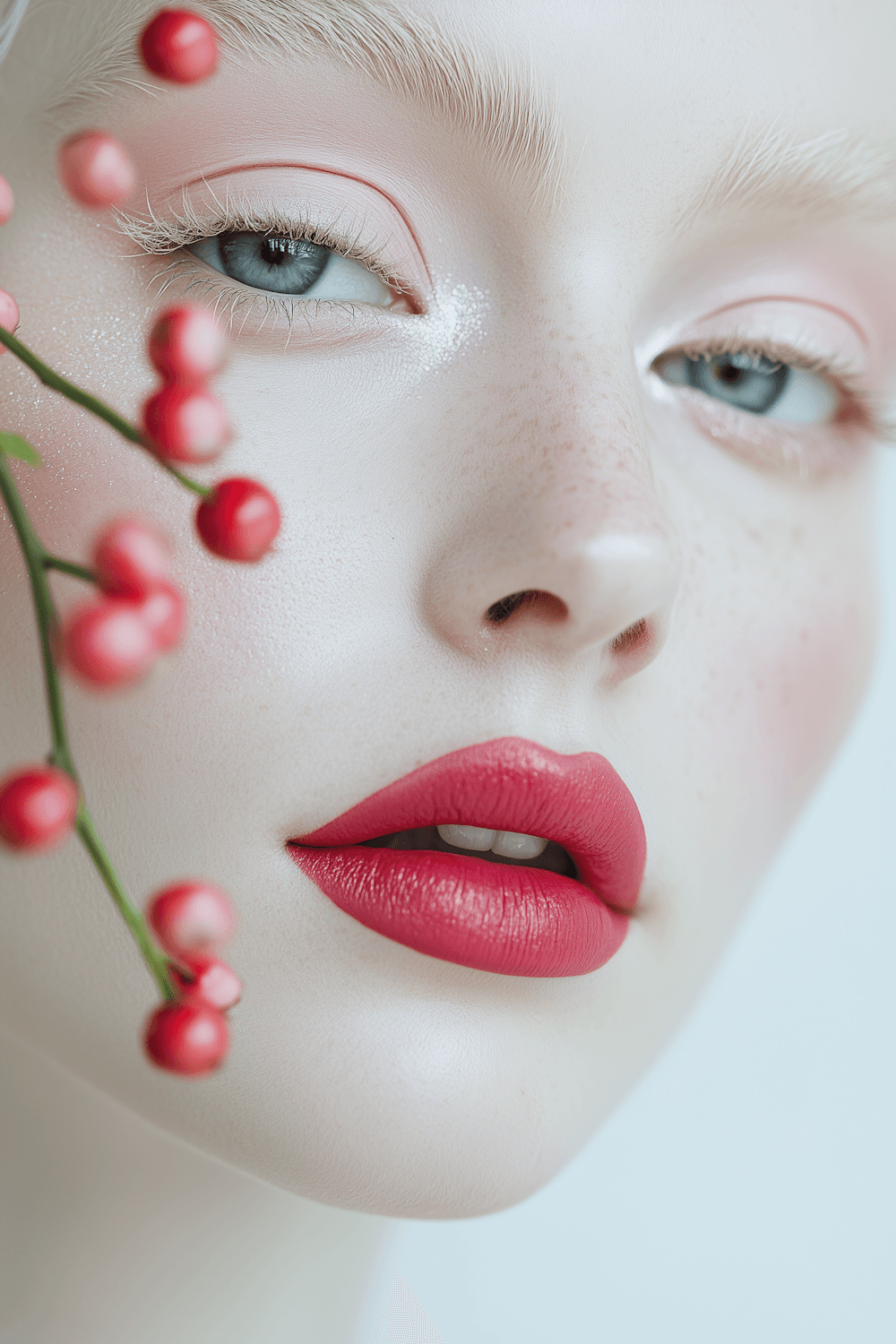 Classic red lip with soft pink shadow and defined lashes