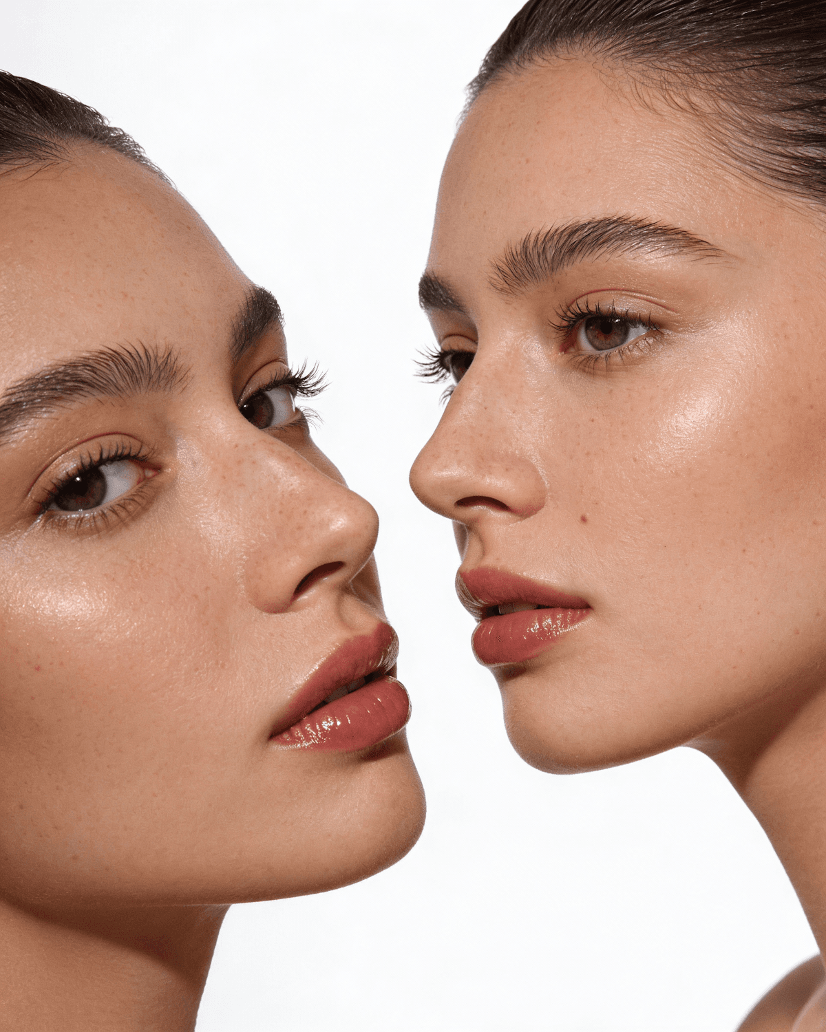 Two models facing each other with luminous skin and matching natural makeup