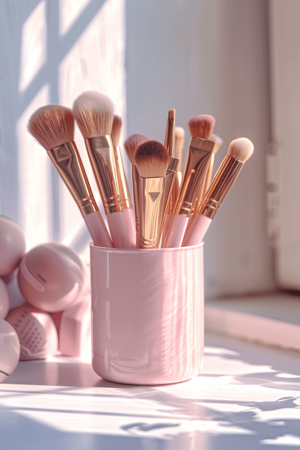 Professional makeup brushes standing in a rose gold holder, lit by soft daylight