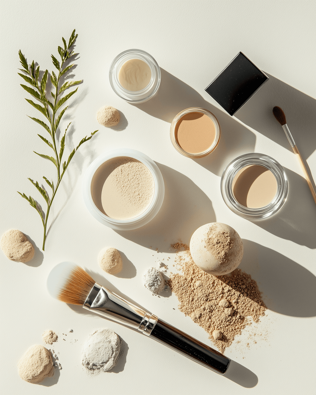 A professional makeup kit laid out with brushes, powders and cream products before a booking